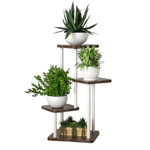 Moderno Soporte para Plantas de Interior de 5 Niveles con Estructura de Metal Blanco y Estantes de Madera de Nogal, Estante para Macetas que Ahorra Espacio para Balcón - Product Image 1