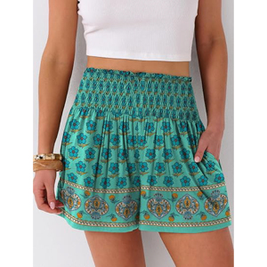 OEM Vintage Ethnic Botanical Printed Shirred High-Waisted Women <b>Shorts</b> Bohemian Ruffle Trim Flowy <b>Wide</b>-<b>Leg</b> Lounge Beach <b>Shorts</b> - Product Image 3