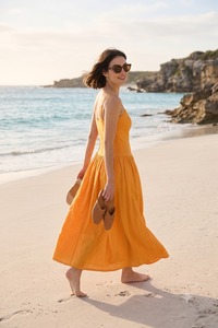 <b>Womens</b> <b>Yellow</b> Linen Maxi <b>Dress</b> Straight Neck Adjustable Spaghetti Straps Fitted Bodice Gathered Skirt Summer <b>Dress</b> - Product Image 3