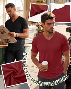 Camiseta de Cuello en V para Hombre, Algodón Premium, Manga Corta, Informal, Tejido Suave y Transpirable, Corte Ajustado, Moda de Verano, Básica para el Día a Día, Secado Rápido - Product Image 3