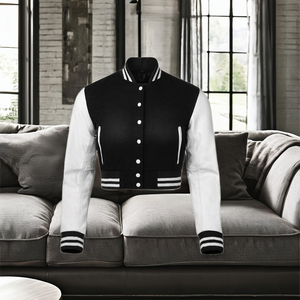 Veste universitaire pour homme, noir et blanc, manches en cuir PU, décontractée, col rabattu, fermeture éclair, coupe classique - Product Image 5