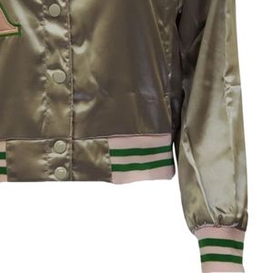 <b>Silver</b> Satin <b>Jacket</b> Women Varsity Style Bomber <b>Jacket</b> Fashion Casual Outerwear Button Front Streetwear Apparel Stylish Wholesale - Product Image 2