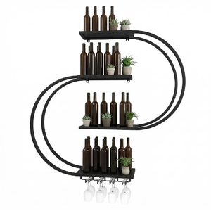 Étagère murale en métal à plusieurs niveaux en forme de S pour l'exposition de bouteilles, avec support à verres, disponible à prix de gros. - Product Image 1