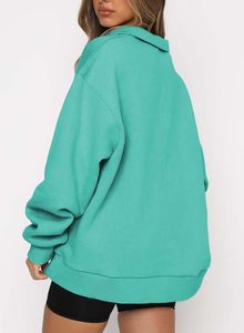 Women Oversized <b>Teal</b> Quarter-Zip Sweatshirt Full Sleeve Hooded Solid Color Knitted Breathable Waterproof 100% Cotton Winter Wear - Product Image 3