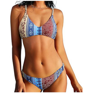 Printed New Arrival Women's Halter Neck V-<b>Strings</b> <b>Bikini</b> <b>Set</b> Two Piece Quick Dry Eco-Friendly Swimwear Bulk Sale - Product Image 2