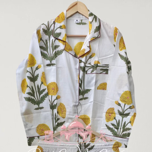 Premium Women's Cotton Floral Hand Block Printed Elegant 2-Piece Night Suit Long Sleeve Notch Collar Button-<b>Down</b> Full-Length - Product Image 1