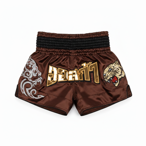Men's Muay Thai Shorts Brown Embroidered Tiger Design MMA Kickboxing Fight Wear Regular Fit Stretch Polyester - Product Image 1