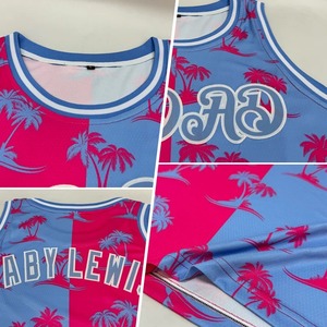 Wholesale Direct OMMIZ INDUSTRY Top Quality Custom Pink Light Blue-White 3D Hawaii Palm <b>Trees</b> Authentic Basketball Jersey - Product Image 2