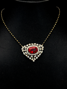 Modern oval <b>ruby</b> diamond halo <b>necklace</b> with floral marquise frame premium luxury jewelry for weddings and special occasions - Product Image 4