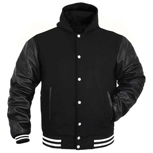 Veste universitaire noire à capuche personnalisée en gros, style Letterman, bomber de baseball, manches en cuir PU, imperméable, coupe-vent, unisexe - Product Image 1