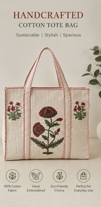 Large Fashion Hand Block Printed <b>Quilted</b> Cotton <b>Tote</b> <b>Bag</b> with Floral Pattern Zipper Closure Long Handles for Women Shopping - Product Image 2