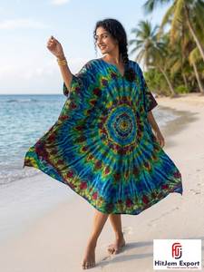 Custom printed women beach <b>cover</b> <b>up</b> <b>kaftan</b> dress in silk cotton rayon or polyester loose fit comfortable and customizable design - Product Image 2