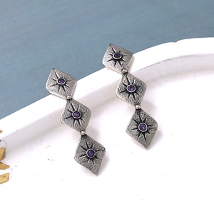 Natural Amethyst 925 Sterling Silver Vintage Long <b>Dangle</b> Studs <b>Earrings</b> Geometric <b>Diamond</b> Shaped Purple Gemstone Drop <b>Earring</b> - Product Image 4