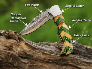 Handmade Back <b>Lock</b> Folding Pocket Knife Damascus Steel Pakka Wood Handle Mosaic Design Belt Loop Sheath Wholesale Outdoor - Product Image 4