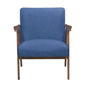 Poltrona Moderna Contemporanea in Tessuto Blu con Finitura Marrone in Legno di Gomma Massiccio e Seduta Imbottita per Soggiorno - Product Image 2