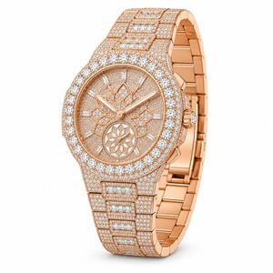 Reloj de lujo unisex en oro rosa con diamantes, esfera analógica, cristal de zafiro, movimiento de cuarzo de 44 mm, brazalete con cierre plegable. - Product Image 4