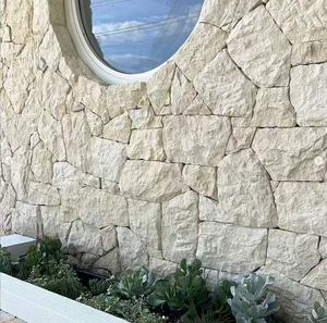 Mur en pierre calcaire blanche empilée aléatoire, revêtement mural en pierre naturelle à pavé irrégulier, mur décoratif extérieur en pierre de roche sèche, pierre de parement - Product Image 1