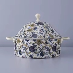 Trending Style Floral Enamel Round Roaster Pan Vintage Porcelain Finish Serving <b>Dish</b> <b>with</b> <b>Lid</b> for Professional Home Catering - Product Image 4