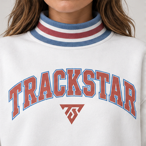Sudadera Blanca de Cuello Alto para Mujer con Ribete a Rayas Azules y Color Óxido, Letras Varsity, Manga Larga, Logotipo Personalizado - Product Image 5