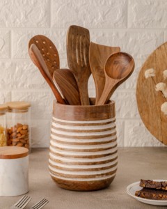 Porte-ustensiles en bois fait main personnalisé, minimaliste, blanc, pour cuisine, style bohème, organisateur de spatules, vente en gros - Product Image 1