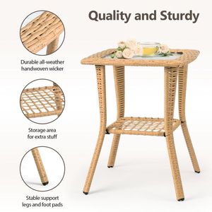 Tavolino Laterale in Vimini Beige per Esterni con Piano in Vetro, Tavolino in Rattan per Interni, Giardino, Portico, Balcone, Patio, Tavolino da Caffè e Bistrot - Product Image 4