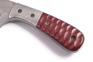 Couteau de chasse à lame fixe en acier Damas, pointe tombante, manche pleine longueur avec fourreau en cuir, bolster en Damas et manche en Micarta à rainures - Product Image 3