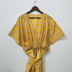 Kaftán de Algodón Indio con Estampado a Mano para Mujer, Vestido Étnico Largo, Diseño Moderno, Lavable, para Playa o Verano - Product Image 2