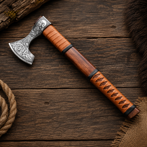 Hache à barbe viking nordique forgée à la main, gravée, type tomahawk, avec manche en bois et poignée en cuir, robuste, en acier forgé de 400 mm - Product Image 3