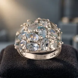 Anillo de cóctel de plata de ley 925 con racimo de topacio azul cielo deslumbrante, joyería elegante para mujer - Product Image 4