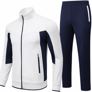 Men's <b>White</b> Navy Color Block <b>Tracksuit</b> Full Zip Jacket With Side Pockets And Matching Pants Sporty Autumn Wear - Product Image 5