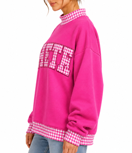 Sudadera Oversize de Cuello Alto para Mujer con Parches de Cuadros a la Inglesa, Estilo Casual Urbano y Universitario, de Tejido Grueso - Product Image 2