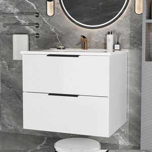 24-Inch Modern <b>Bathroom</b> <b>Vanity</b> Cabinet White Wall Mounted Floating Fluted <b>Vanity</b> with Drawers and Ceramic Sink - Product Image 6