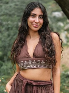 Earthy <b>Khaki</b> Green Hand Block Printed Premium Breathable Cotton Fabric Lightweight Comfortable Halter Neck Ruched Crop <b>Top</b> - Product Image 1