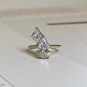 Pear Cut Floating Lozenge Cut Cz 2 Stone Ring Yellow Gold Engagement Ring 10K Solid Gold Toi Et Moi Ring Birthday Gift For <b>Wife</b> - Product Image 2