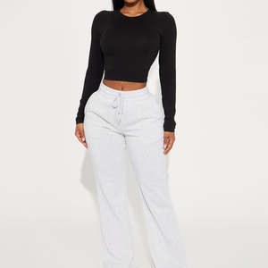 Nouveautés : Crop top femme slim fit à manches longues, 100% coton, logo brodé compressé, respirant, noir, pour le fitness - Product Image 3