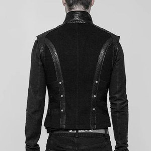 Men's <b>Gothic</b> Steampunk Waistcoat Vest Punk-Style Sleeveless <b>Jacket</b> Black Twill Cotton Faux Leather Panels Zipper Fastening - Product Image 4