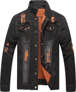 Veste en jean noire pour homme, col montant, déchirée et effilochée, style décontracté, boutonnage simple, pour l'automne - Product Image 1