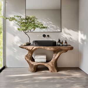 Meuble-lavabo de luxe artisanal en tronc d'arbre, console de salle de bain artistique en bois massif, décoration en racine naturelle - Product Image 1