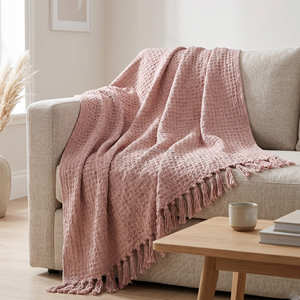 Blush <b>Pink</b> Textured Waffle Cotton Throw for Bohemian Sofa Décor Soft Feel Home Accent <b>Blanket</b> for Living Room Interiors - Product Image 3