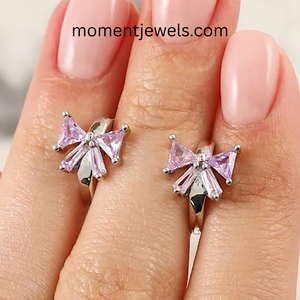Boucles d'oreilles clous géométriques en argent sterling 925 plaqué platine avec zircon violet taille princesse et nœud, pour femme, cadeau, fête - Product Image 4