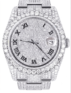 Montre à quartz en acier inoxydable sertie de diamants de luxe, cadran rond, chiffres romains, fermoir déployant, unisexe, 40 mm - Product Image 2