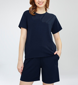 Women's Navy Blue Two-Piece <b>Set</b> Sleeveless Strapless Top Knee-Length Shorts Casual Regular Fit Summer Wear Polyester/Cotton - Product Image 2