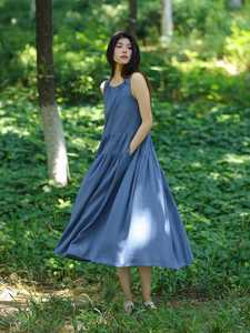 Women Sleeveless Cotton Midi Dress Loose Fit Tiered A Line Casual Summer Dress Blue Minimalist Style - Product Image 2