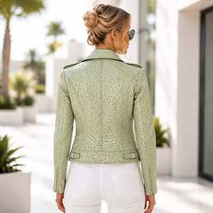 <b>Leather</b> Spot Women's Embossed <b>Leather</b> Quilted Eco-Friendly Motorcycle <b>Jacket</b> | Handmade Genuine <b>Leather</b> Biker Silk Lining | - Product Image 3