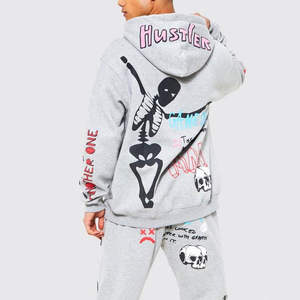 Conjunto deportivo informal para hombre con sudadera con capucha y pantalones de chándal con estampado gráfico de dibujos animados en gris - Product Image 4