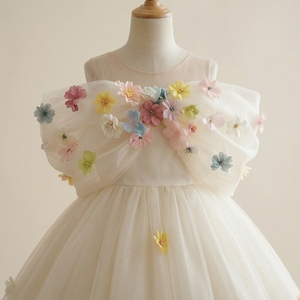 Vestido de niña de las flores Whisper Ivory de satén liso, estilo vestido de gala, largo hasta la rodilla, con manga abullonada, lazo de tul extragrande y purpurina pastel 3D hecha a mano - Product Image 4