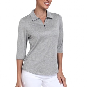 Polo de Golf para Mujer con Media Cremallera, Manga Tres Cuartos, Top Deportivo Casual de Secado Rápido, Camiseta de Tenis Gris de Color Sólido - Product Image 1