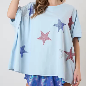 Women Oversized White Canvas T-Shirt Rhinestone Star Print Drop Shoulder O-Neck Regular Fit Spring Summer Quick Dry Anti-UV - Product Image 2