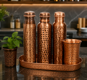 Ensemble cadeau de bouteille d'eau en cuivre personnalisée avec verres assortis, plateau de service décoratif, vaisselle ayurvédique, vente en gros OEM - Product Image 4
