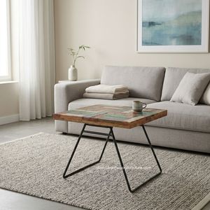 Mesa de Centro Artesanal de Madera de Teca Rústica con Patas de Metal, Madera de Barco Reciclada, Color Antiguo Original, Alta Calidad para Interiores - Product Image 4
